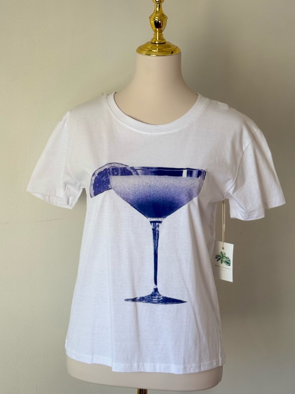 White Tee with Blue Cocktail Glass Graphic